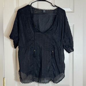Moda International Black Silk Blend Tassel Peasant Blouse Size Large‎